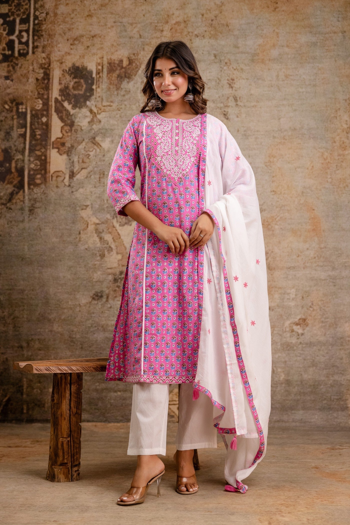Pure Cotton Pink Printed Dupatta Set – Wholesale Manufacturer Women Wear