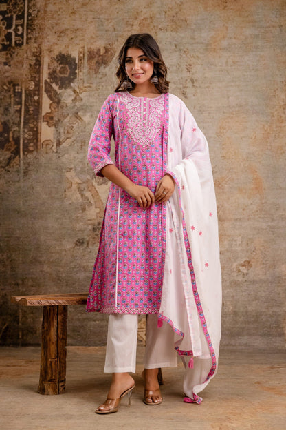 Pure Cotton Pink Printed Dupatta Set – Wholesale Manufacturer Women Wear