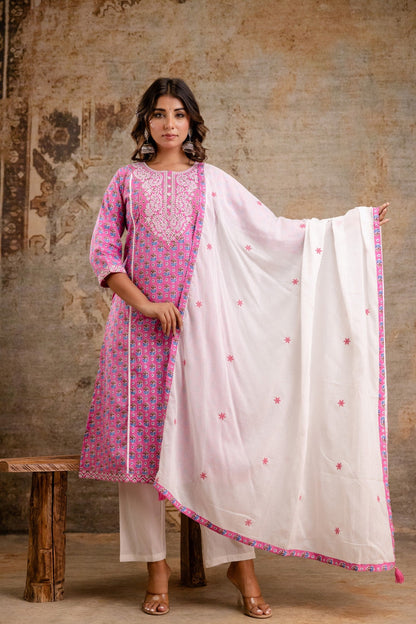 Pure Cotton Pink Printed Dupatta Set – Wholesale Manufacturer Women Wear
