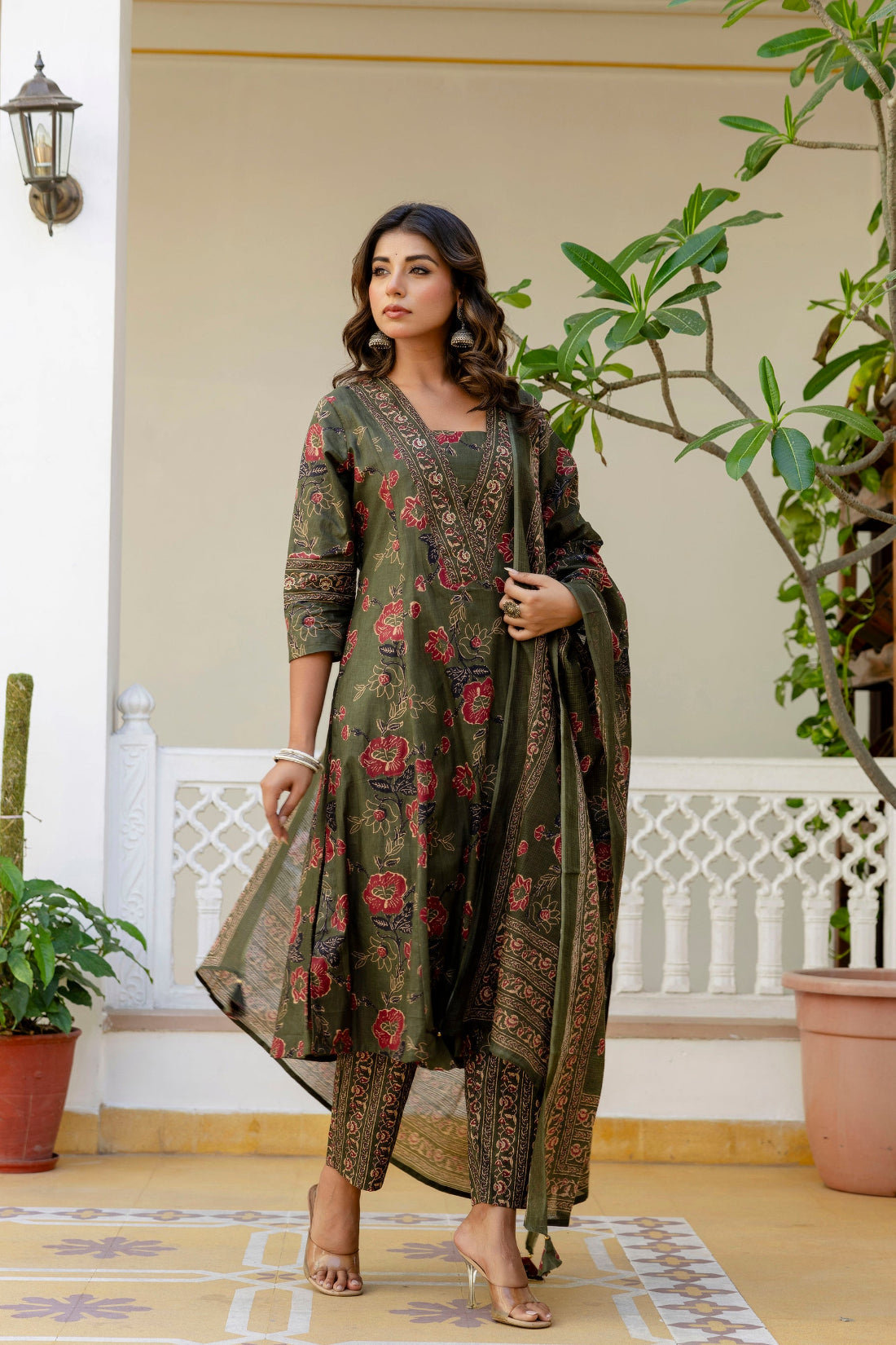 Pure cotton olive green dupatta set wholesale by Neelufer Creation