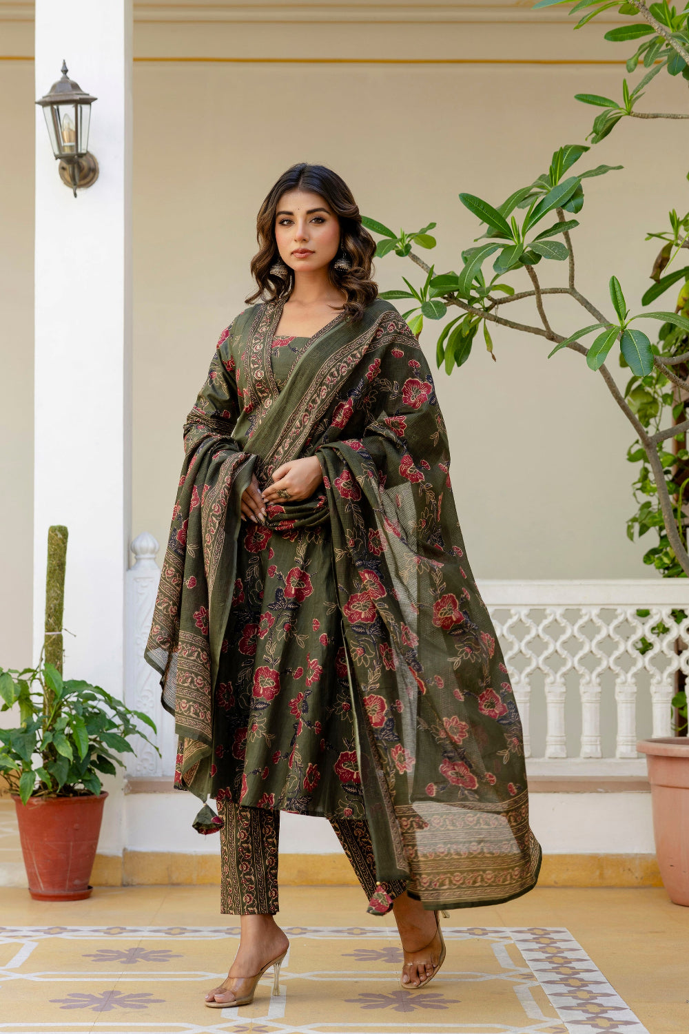 Olive green cotton suit set manufacturer India