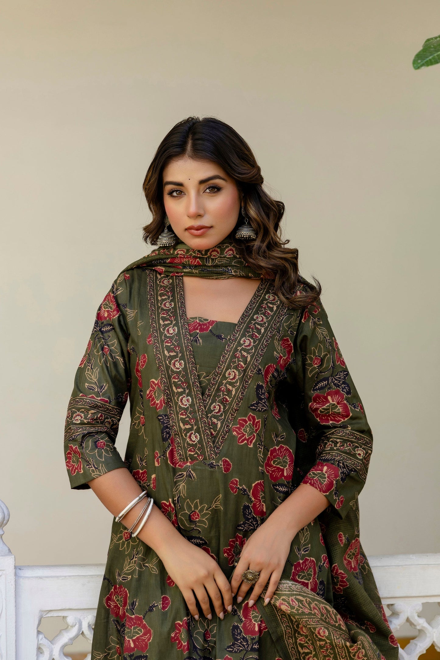 Women olive green cotton dupatta set ethnic wear