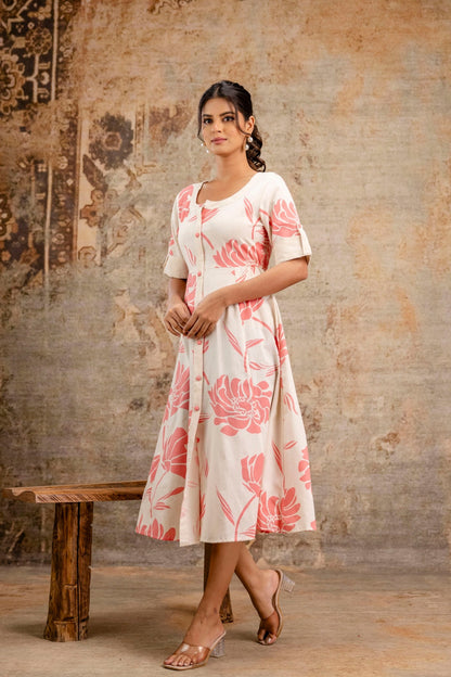 Floral print ethnic wear for women – Aaronee’s Cotton Flex cream middy dress with soft pink flower patterns