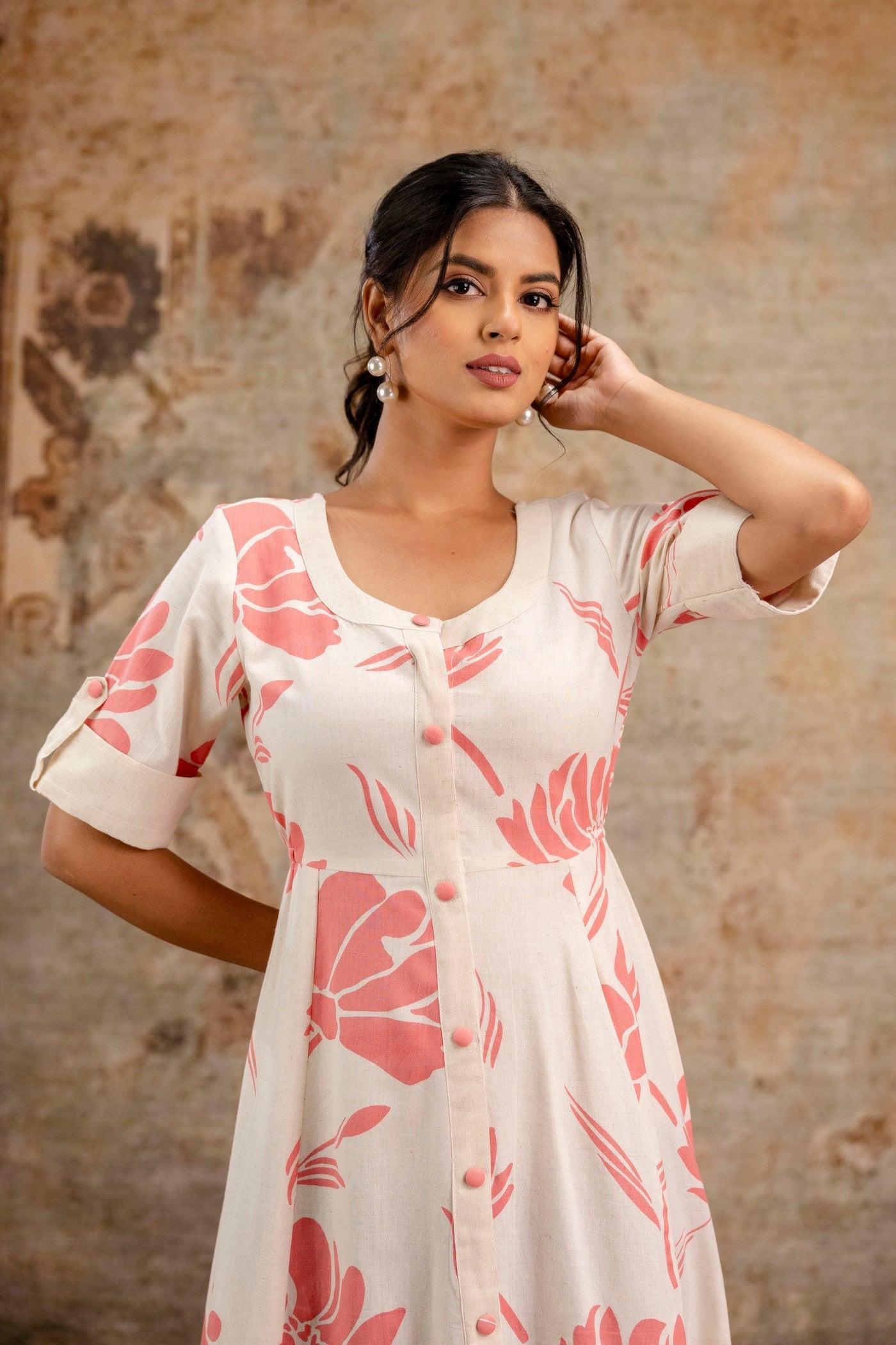 Chic and comfortable Cotton Flex middy dress in cream and pink floral design by Aaronee, perfect for summer outings