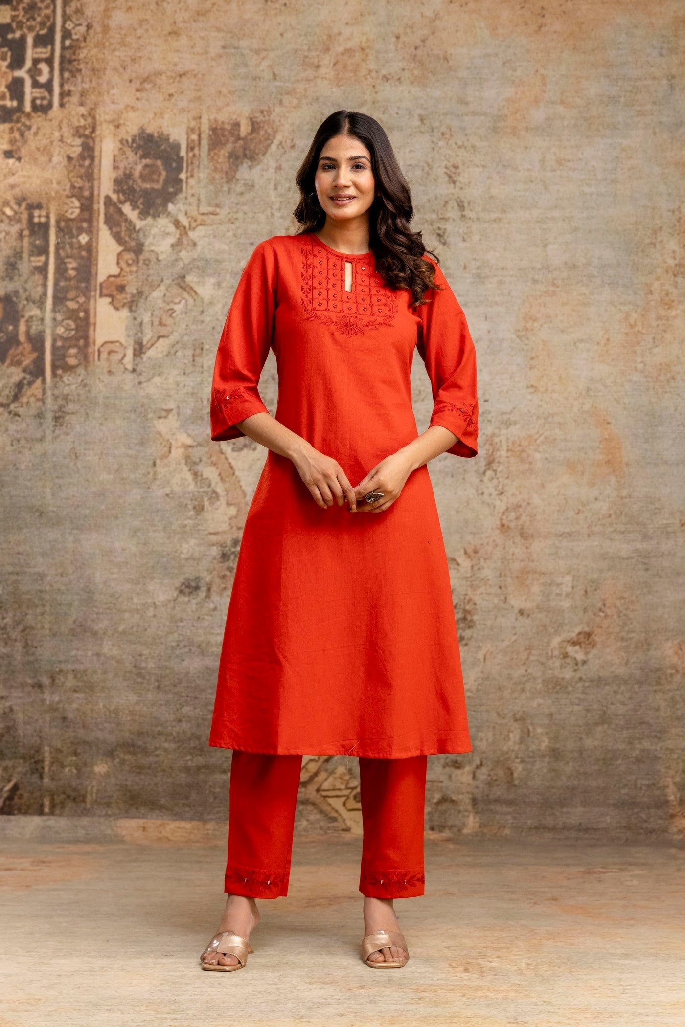 Wholesale women cotton kurta pant set red