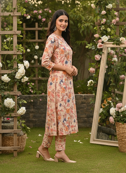 Peach Floral Pure Cotton Self-Embroidered Kurta Set – Women Wear Wholesale Manufacturer