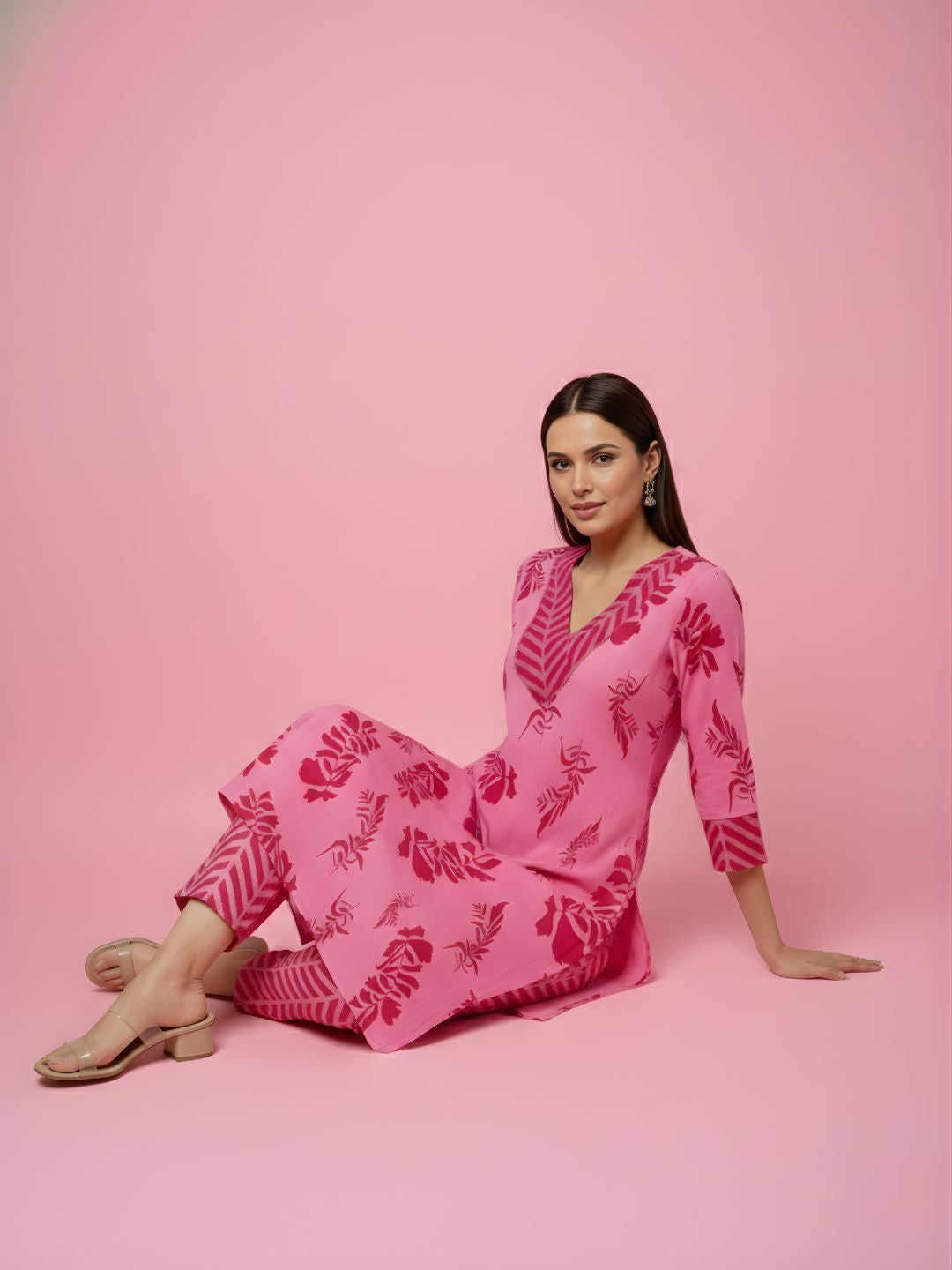 Pure Cotton Pink Floral Kurta Set – Women Wholesale Collection