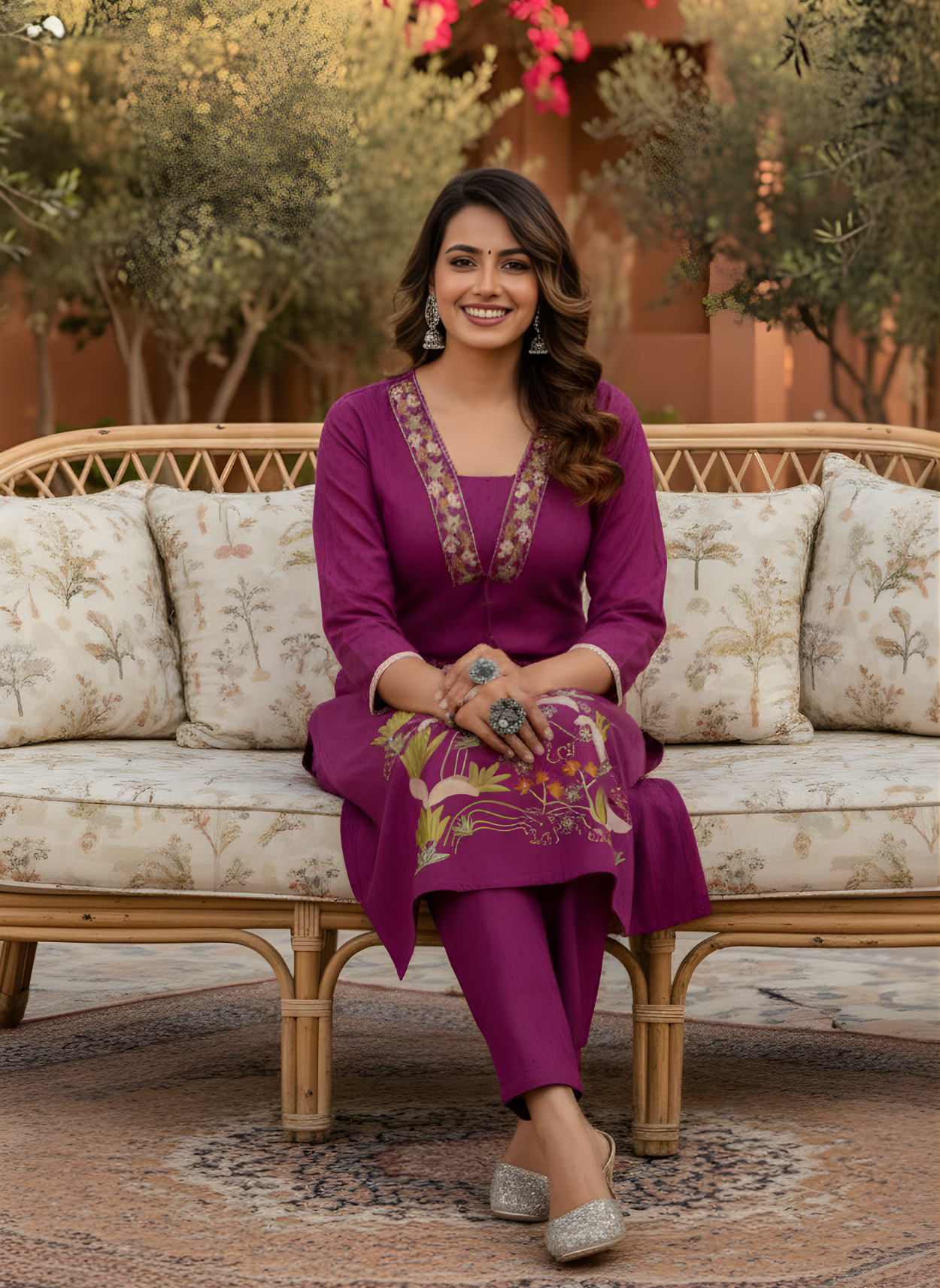 Neelufer Creation wine purple pure cotton kurta set front view