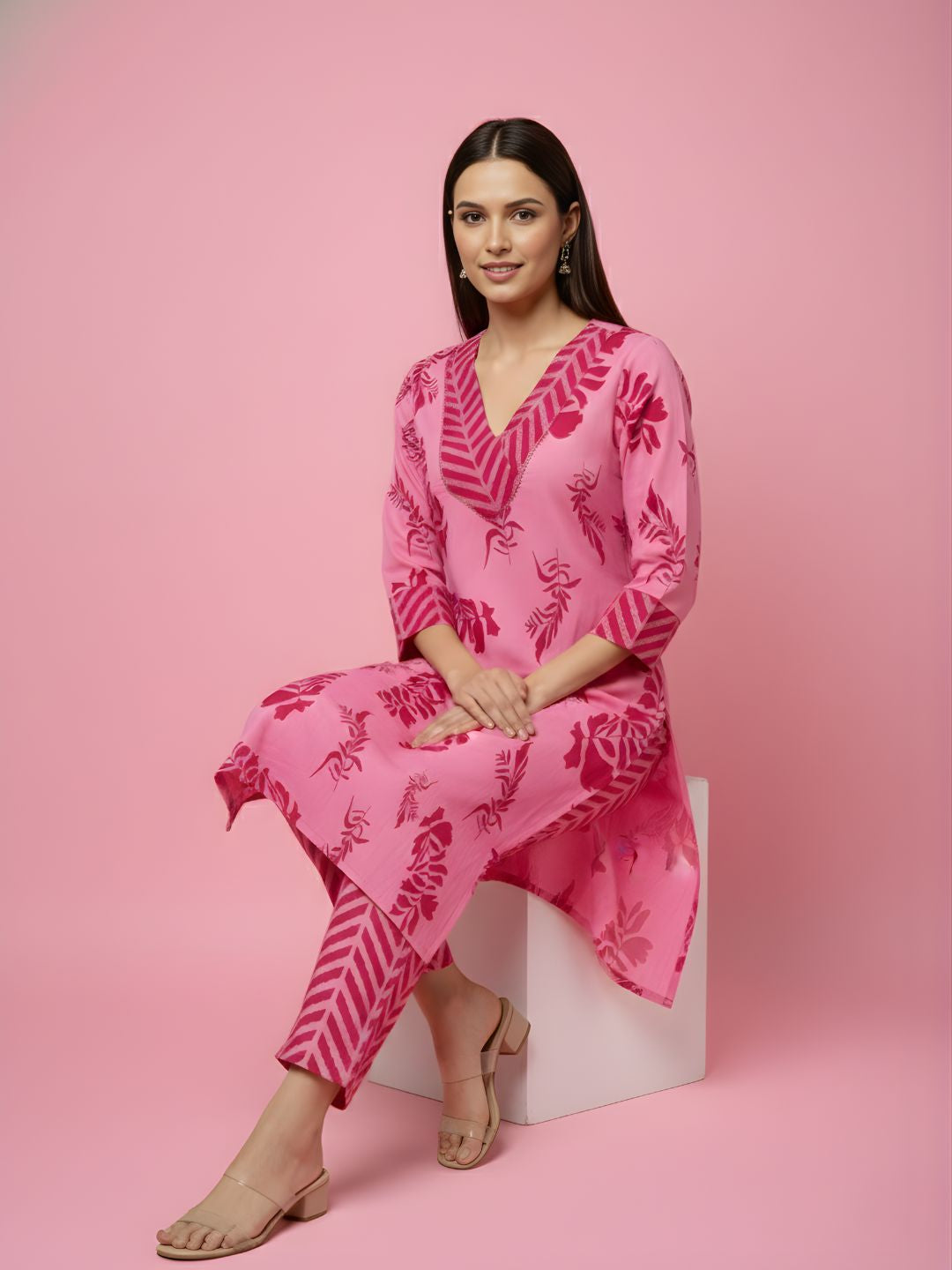 Pure Cotton Pink Floral Kurta Set – Women Wholesale Collection