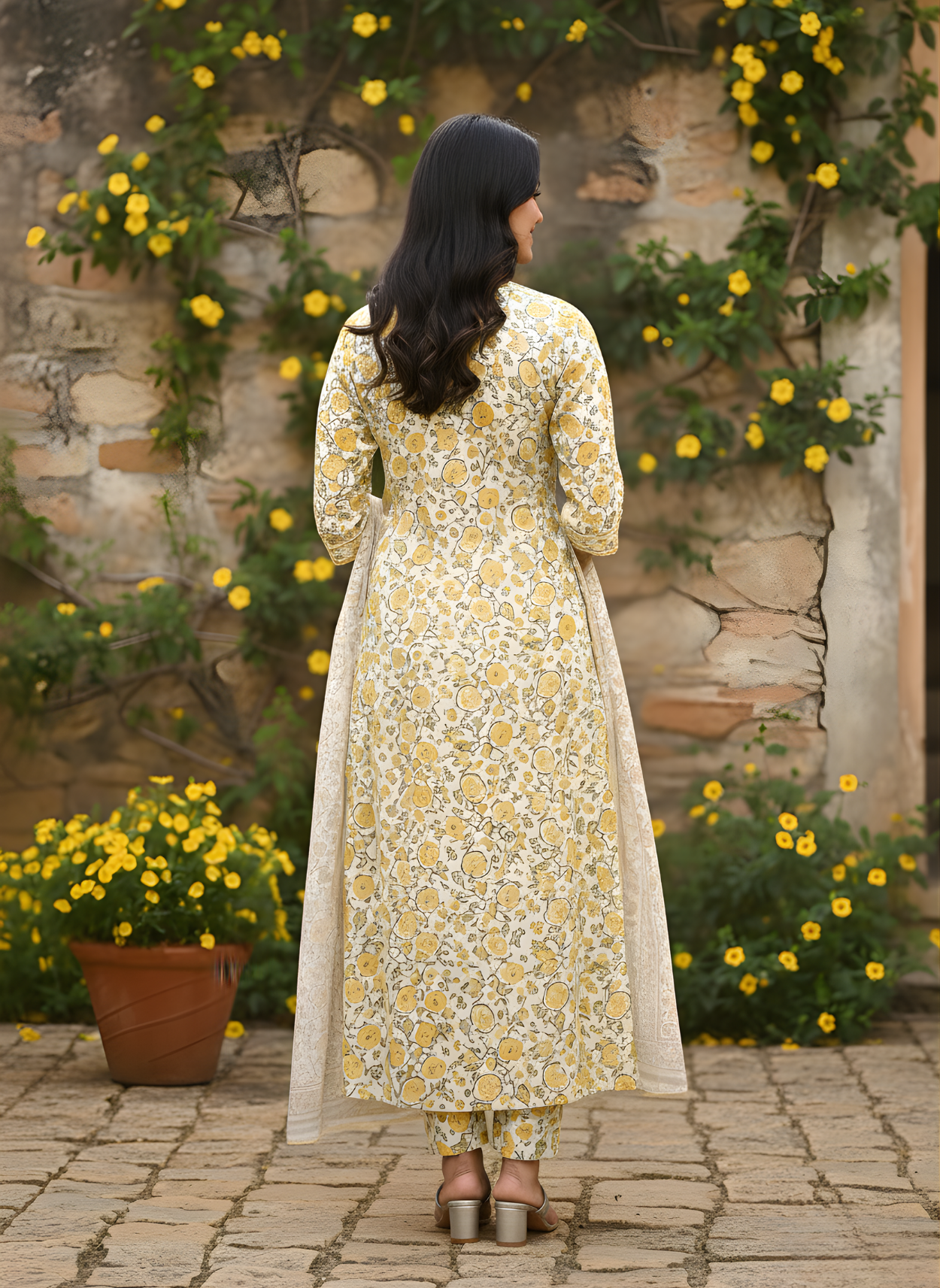Woman in a floral dress standing in front of a stone wall with yellow flowers.