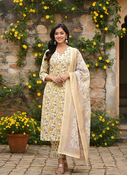 Woman in a floral dress with a beige dupatta standing in front of a stone wall with flowers.