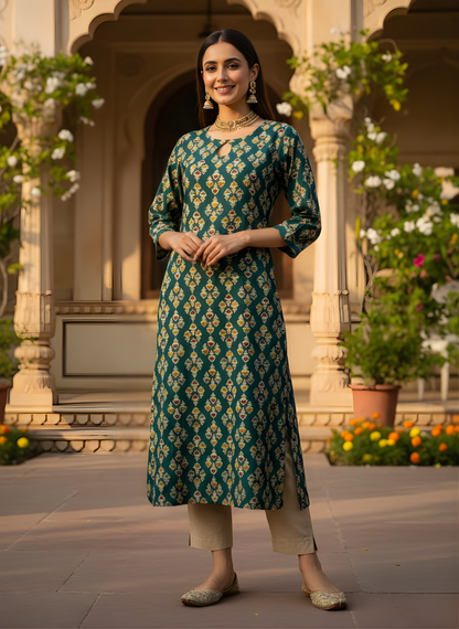 Neelufer Creation teal pure cotton motif kurti front view