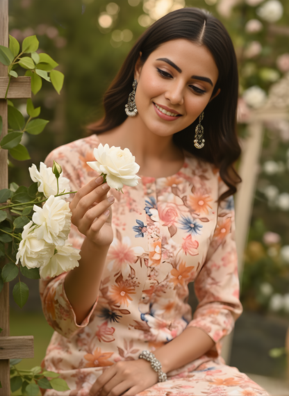 Peach Floral Pure Cotton Self-Embroidered Kurta Set – Women Wear Wholesale Manufacturer