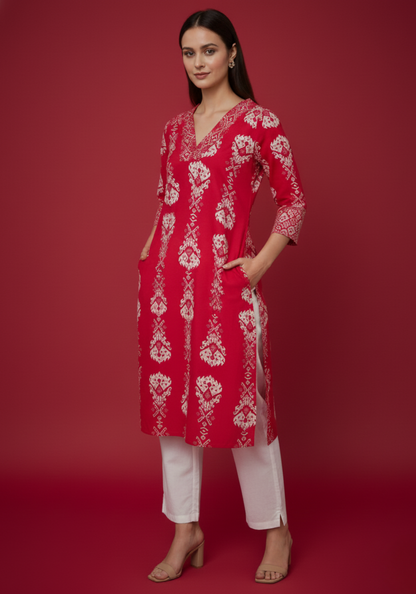 Neelufer Creation red pure cotton kurti front view