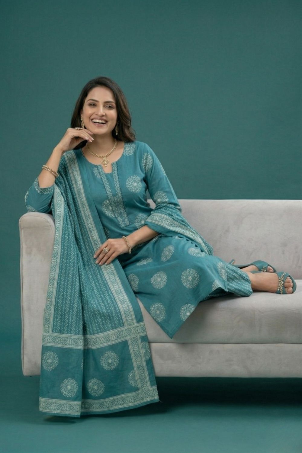 women wear wholesale manufacturer India printed teal kurti dupatta