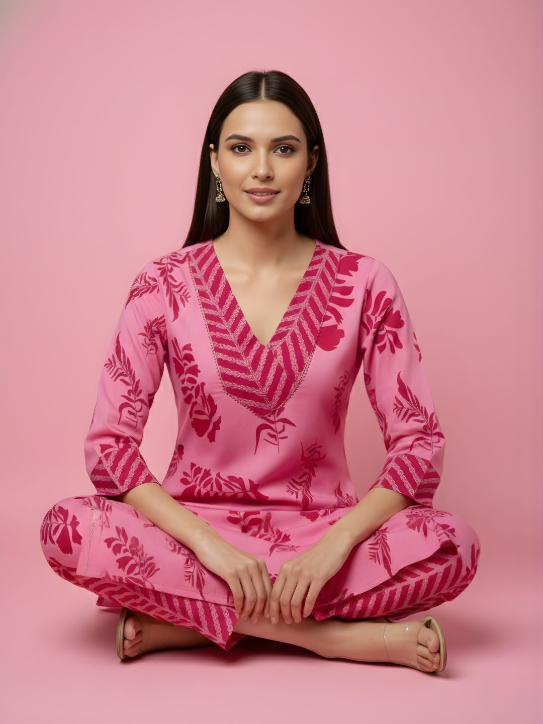 Pure Cotton Pink Floral Kurta Set – Women Wholesale Collection