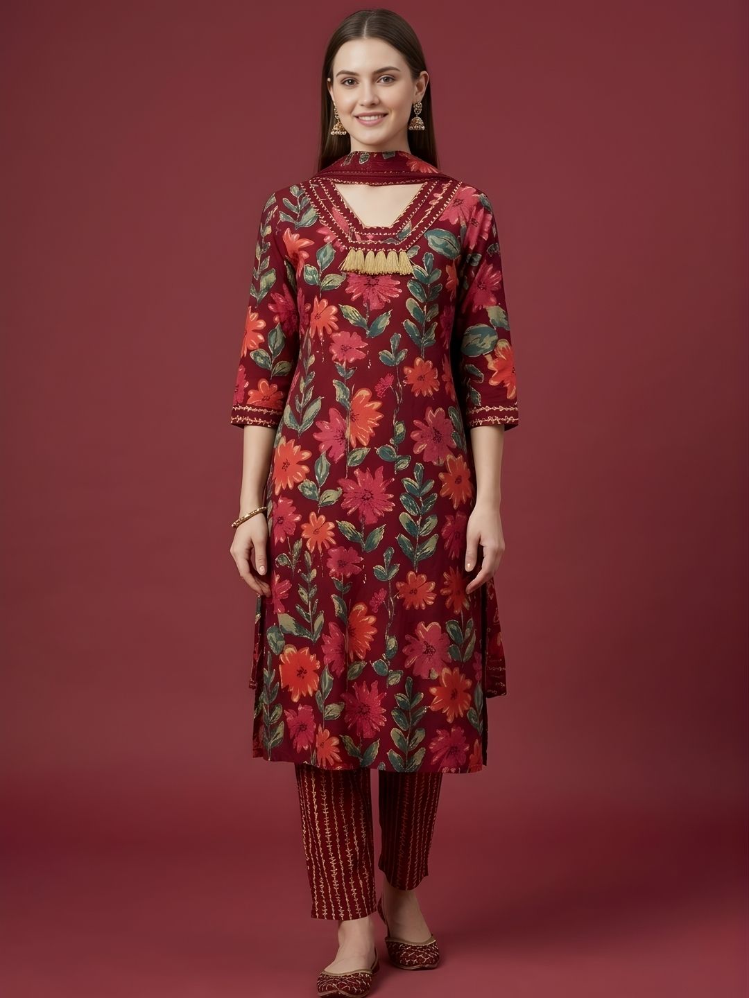 women wear wholesale manufacturer India red floral cotton kurti set