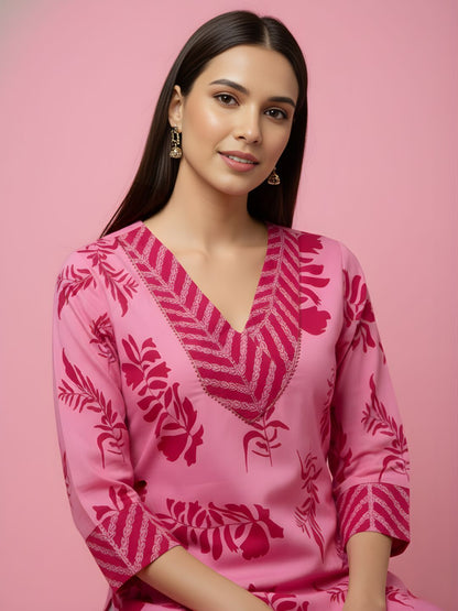 Pure Cotton Pink Floral Kurta Set – Women Wholesale Collection