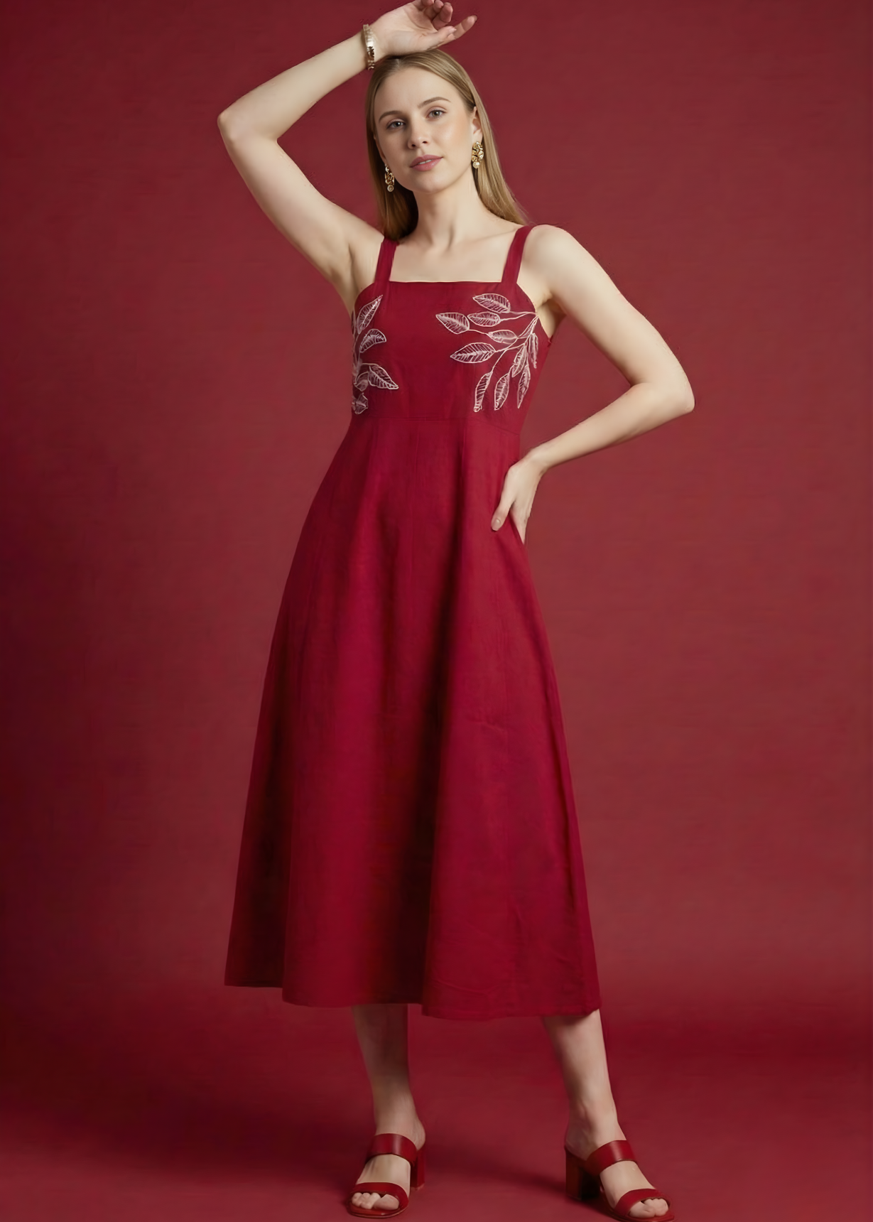 Elegant maroon cotton midi with embroidery