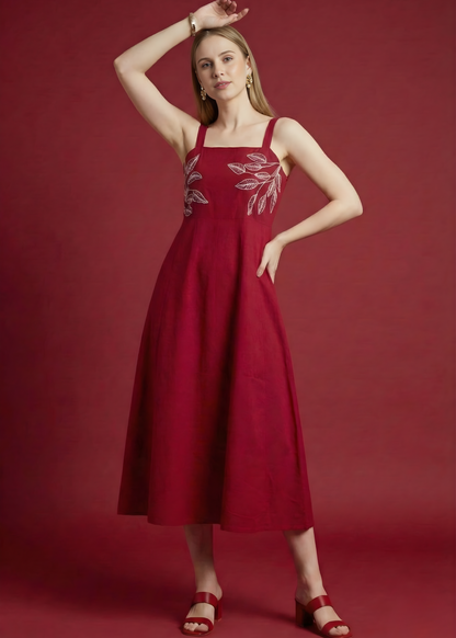 Elegant maroon cotton midi with embroidery