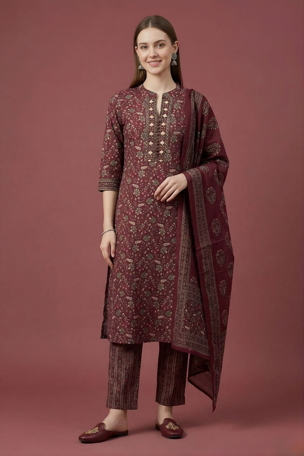 women wear wholesale manufacturer India maroon printed cotton kurti set