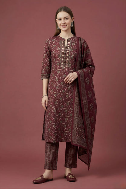 women wear wholesale manufacturer India maroon printed cotton kurti set