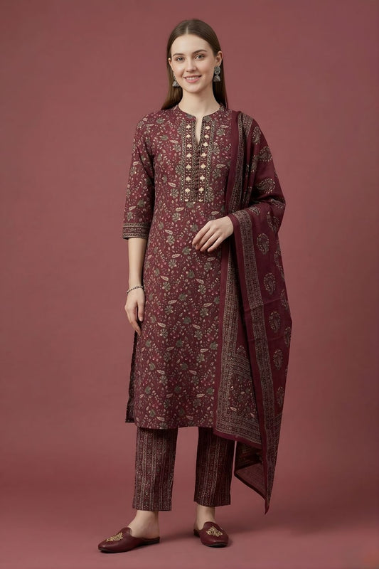 women wear wholesale manufacturer India maroon printed cotton kurti set