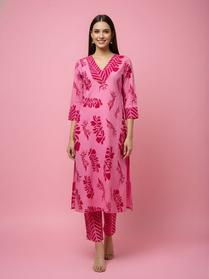 Pure Cotton Pink Floral Kurta Set – Women Wholesale Collection
