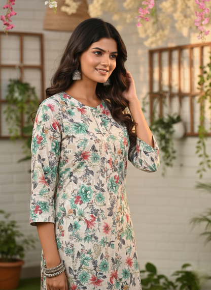 Ivory Floral Pure Cotton Self-Embroidered Kurta Set – Women Wear Wholesale Manufacturer