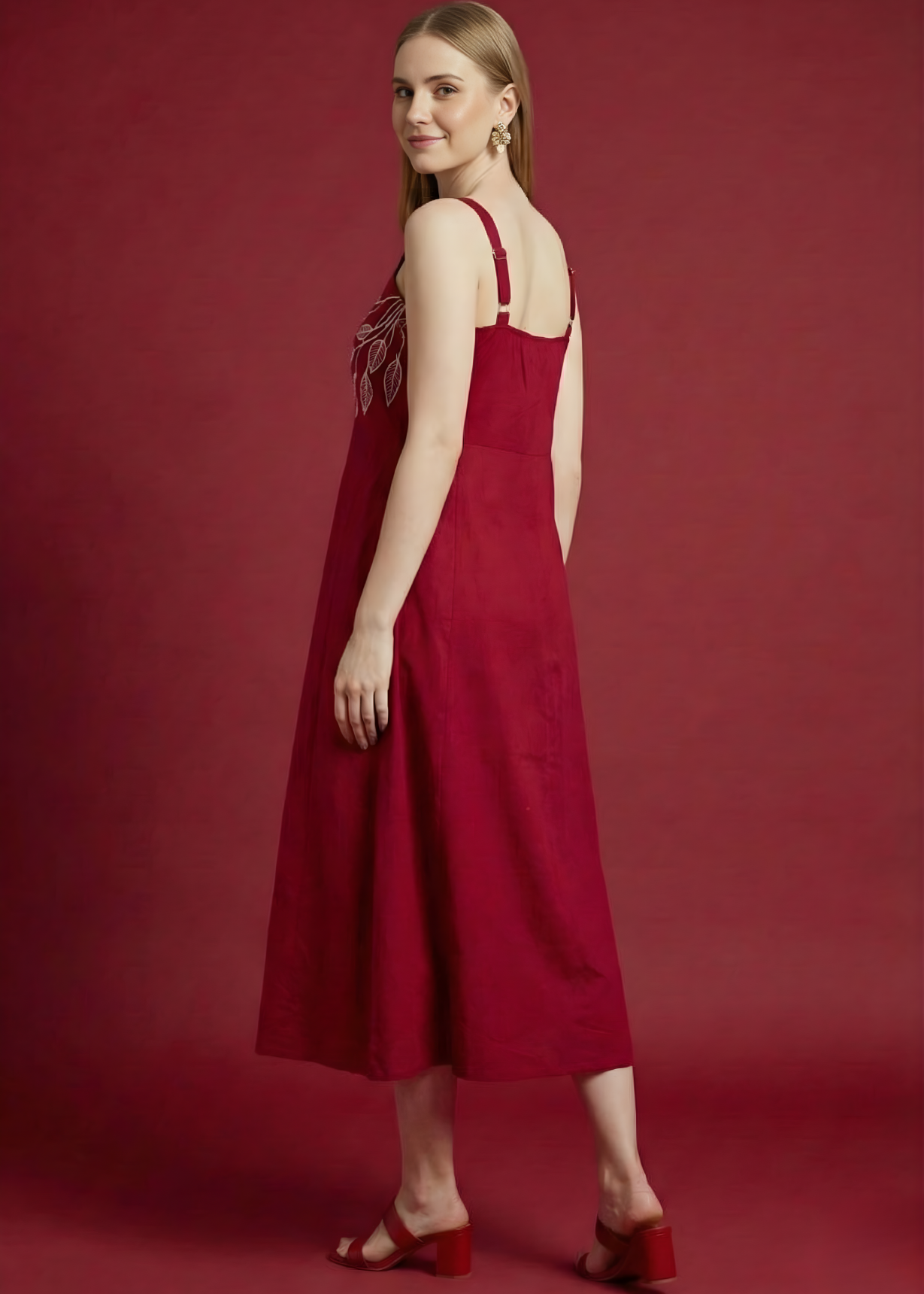 A-line maroon midi dress for women