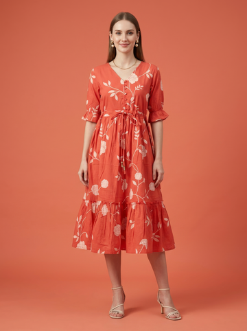 Orange Floral Cotton Middy Dress Wholesale Manufacturer India