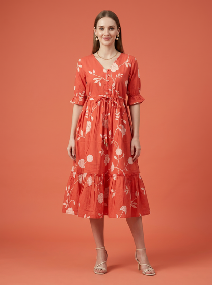 Orange Floral Cotton Middy Dress Wholesale Manufacturer India
