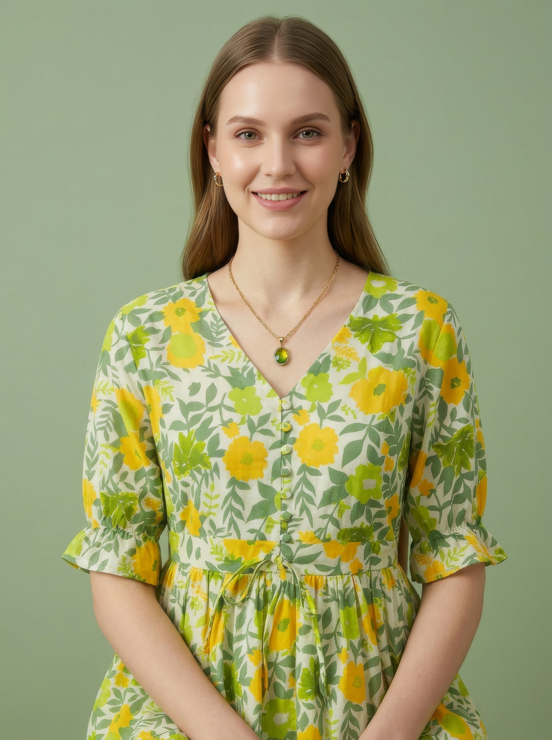 Yellow Floral Cotton Middy Dress Wholesale Manufacturer India