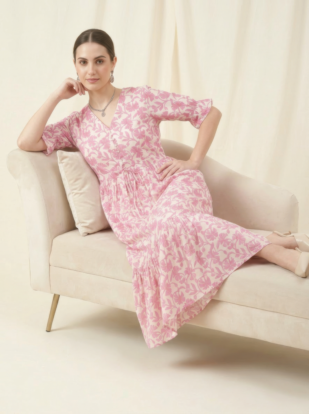 Pink Floral Cotton Middy Dress Wholesale Manufacturer India