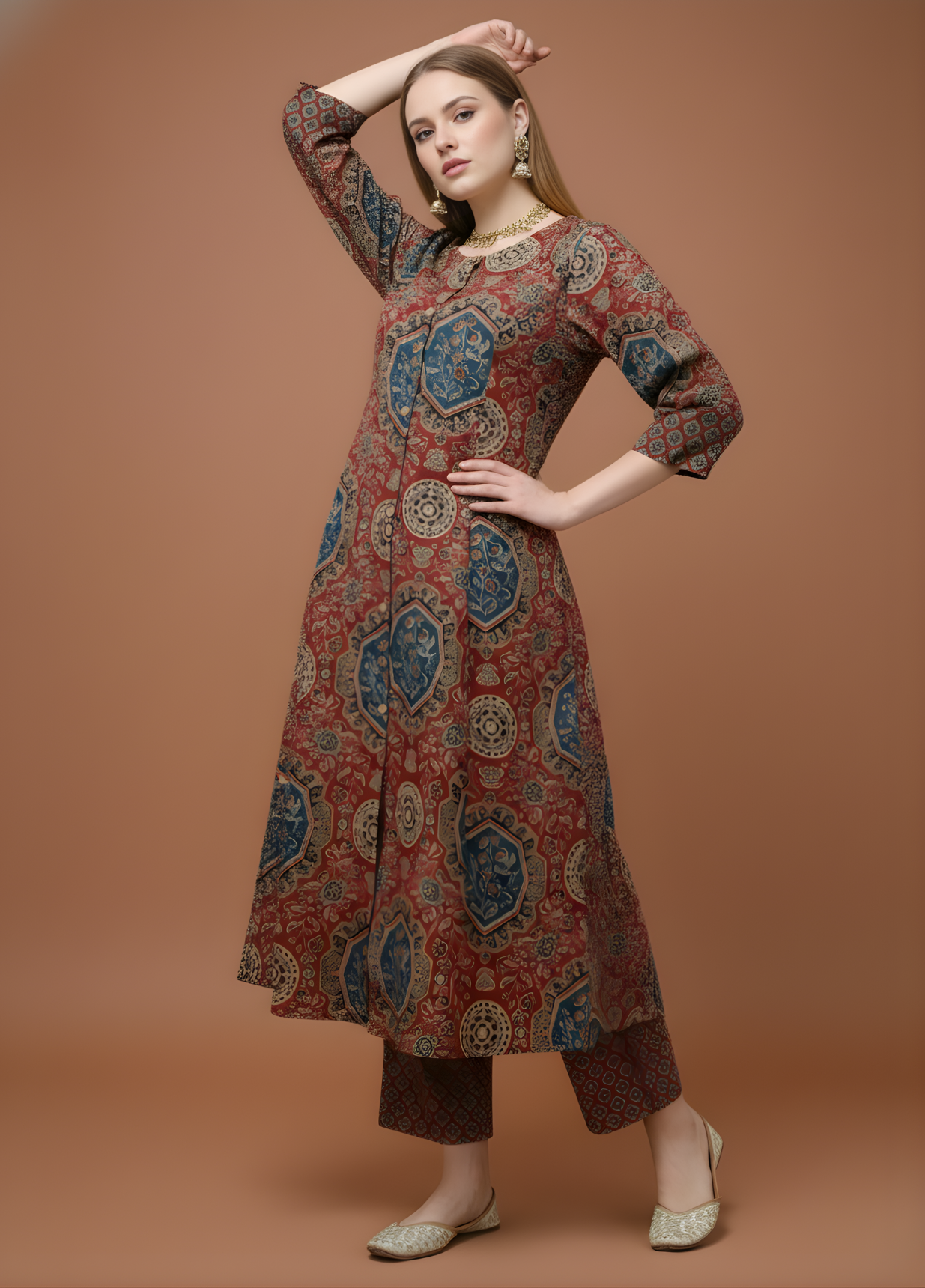 Rust Ajrakh print cotton kurta set women