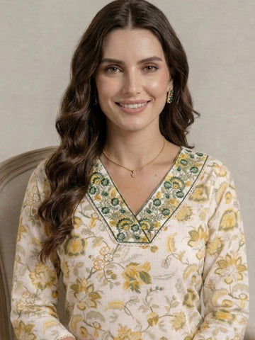 Cream Floral Pure Cotton Kurti Dupatta Set Wholesale Manufacturer India