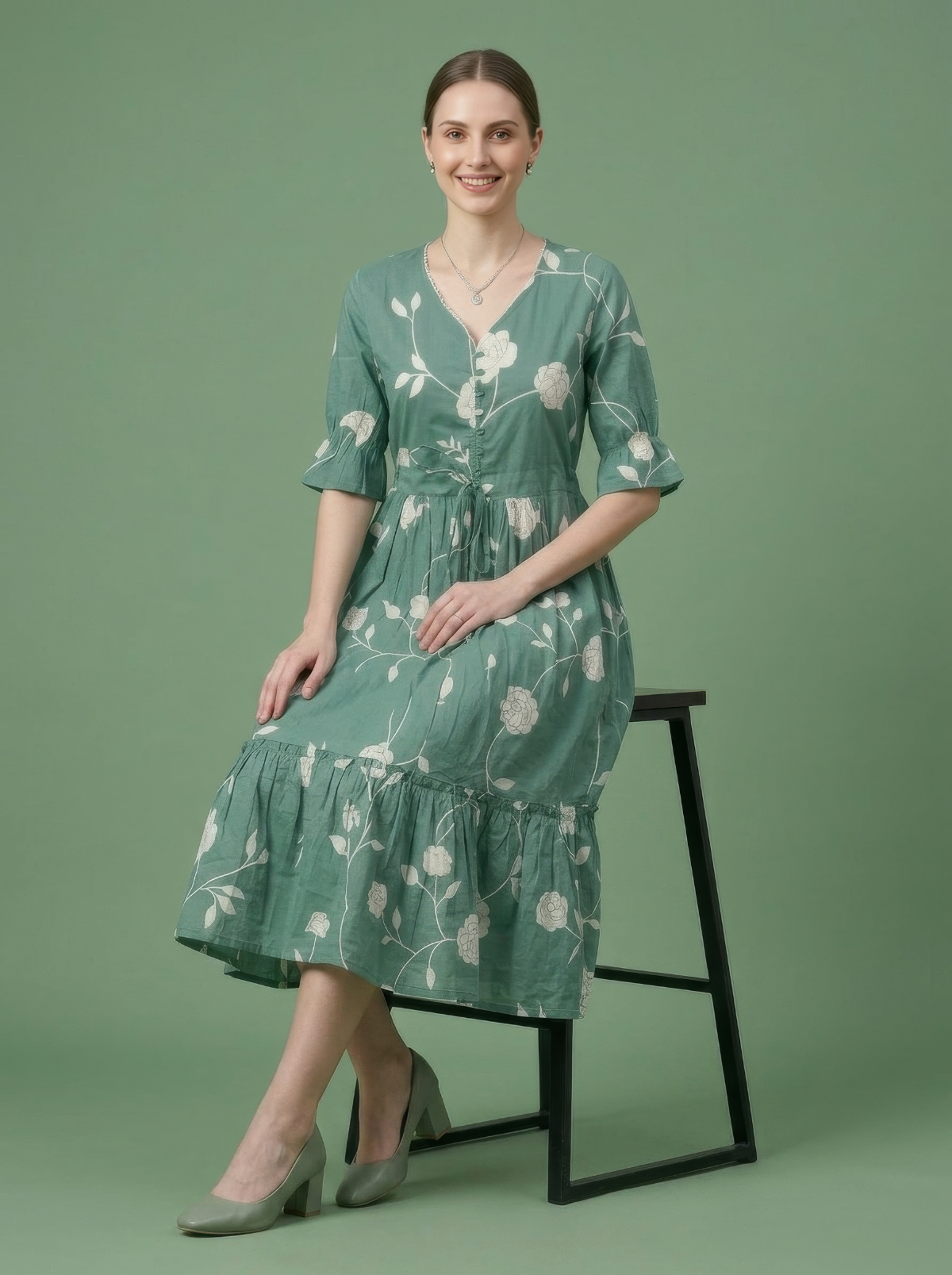 Green Floral Cotton Midi Dress Wholesale Manufacturer India