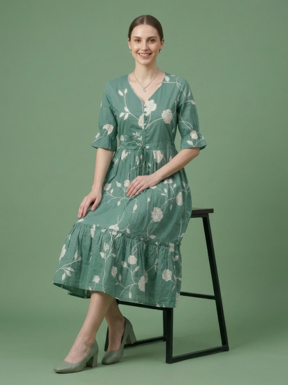 Green Floral Cotton Midi Dress Wholesale Manufacturer India