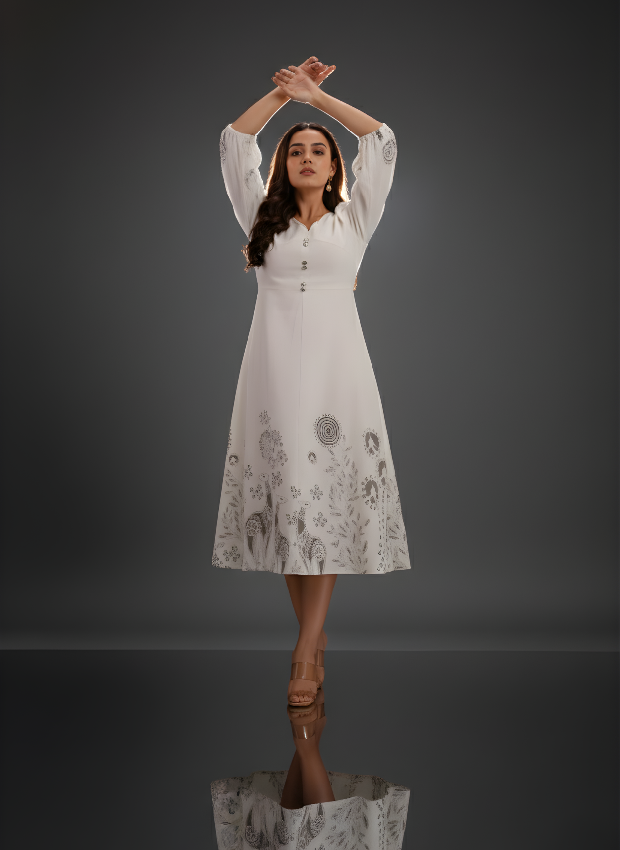 Comfortable grey cotton ethnic midi dress