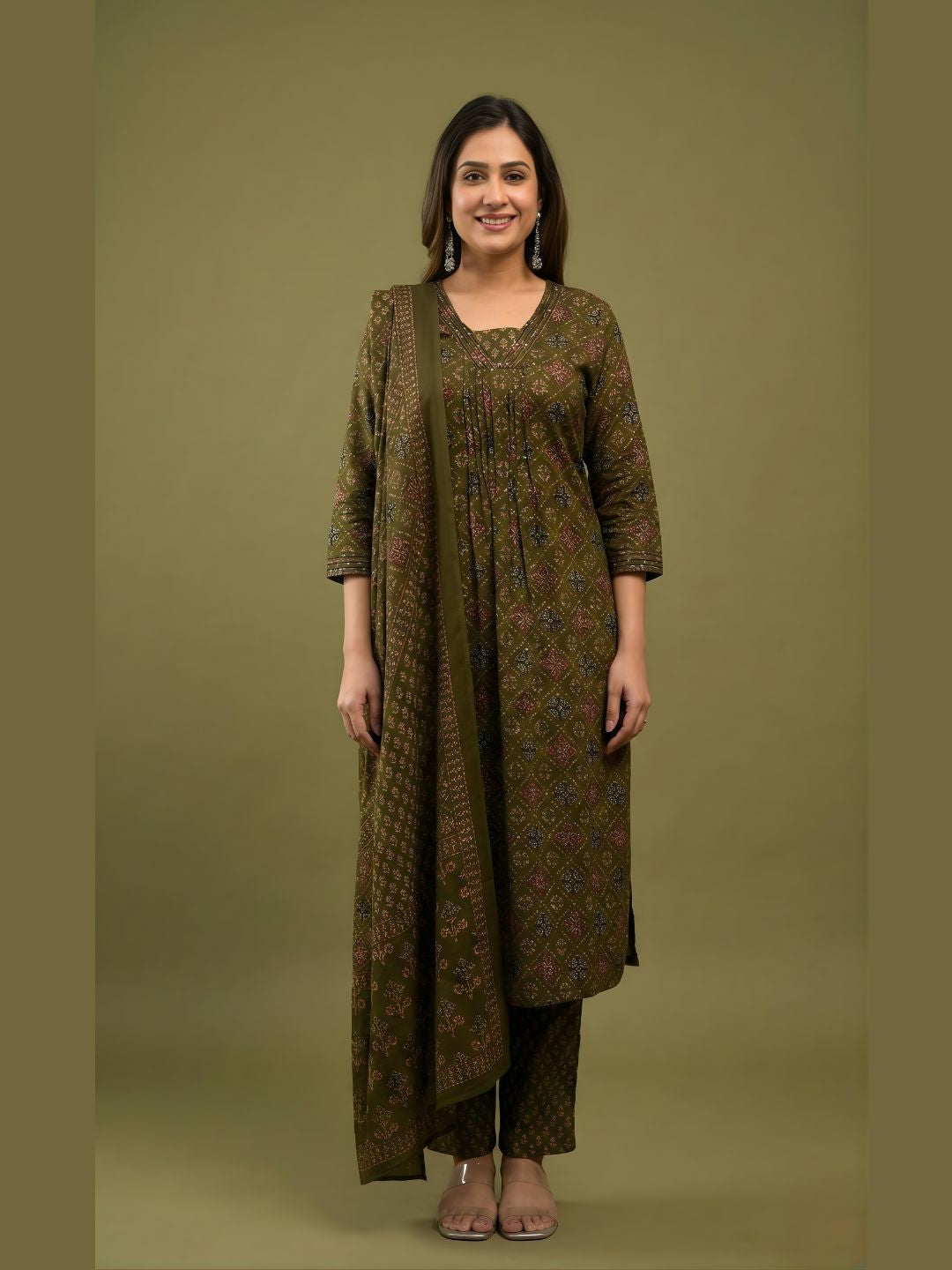 Olive Pure Cotton Dupatta Set Wholesale