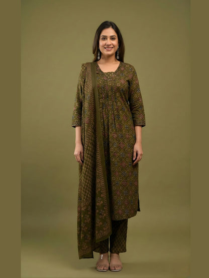 Olive Pure Cotton Dupatta Set Wholesale