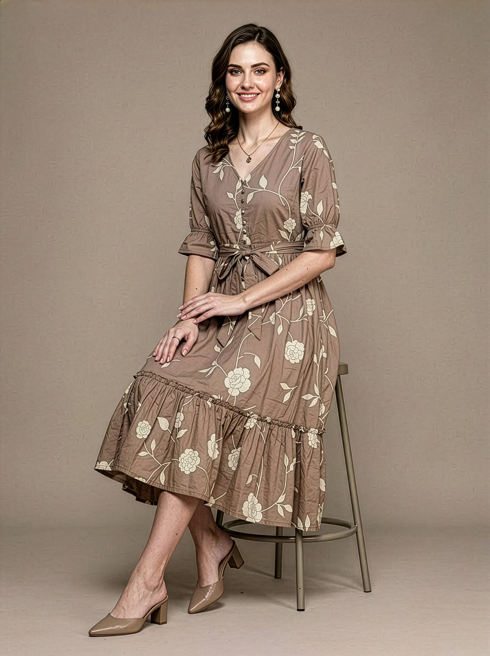 Floral Cotton Middy Dress Wholesale Manufacturer Women Wear