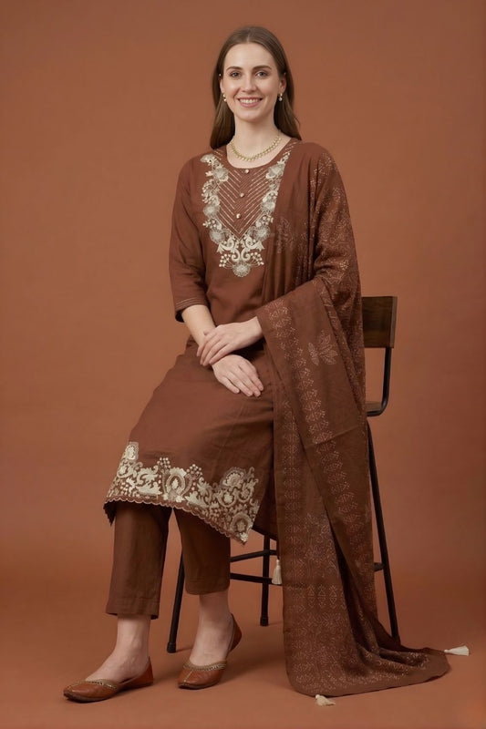 women wear wholesale manufacturer India brown cotton kurti set