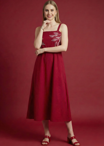 Designer maroon cambric dress with yoke work