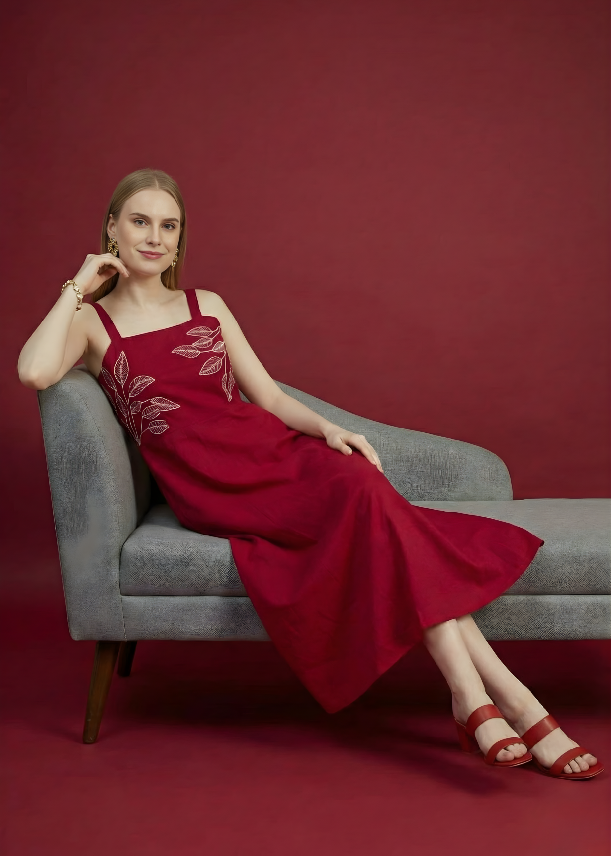 Comfortable maroon cotton summer midi