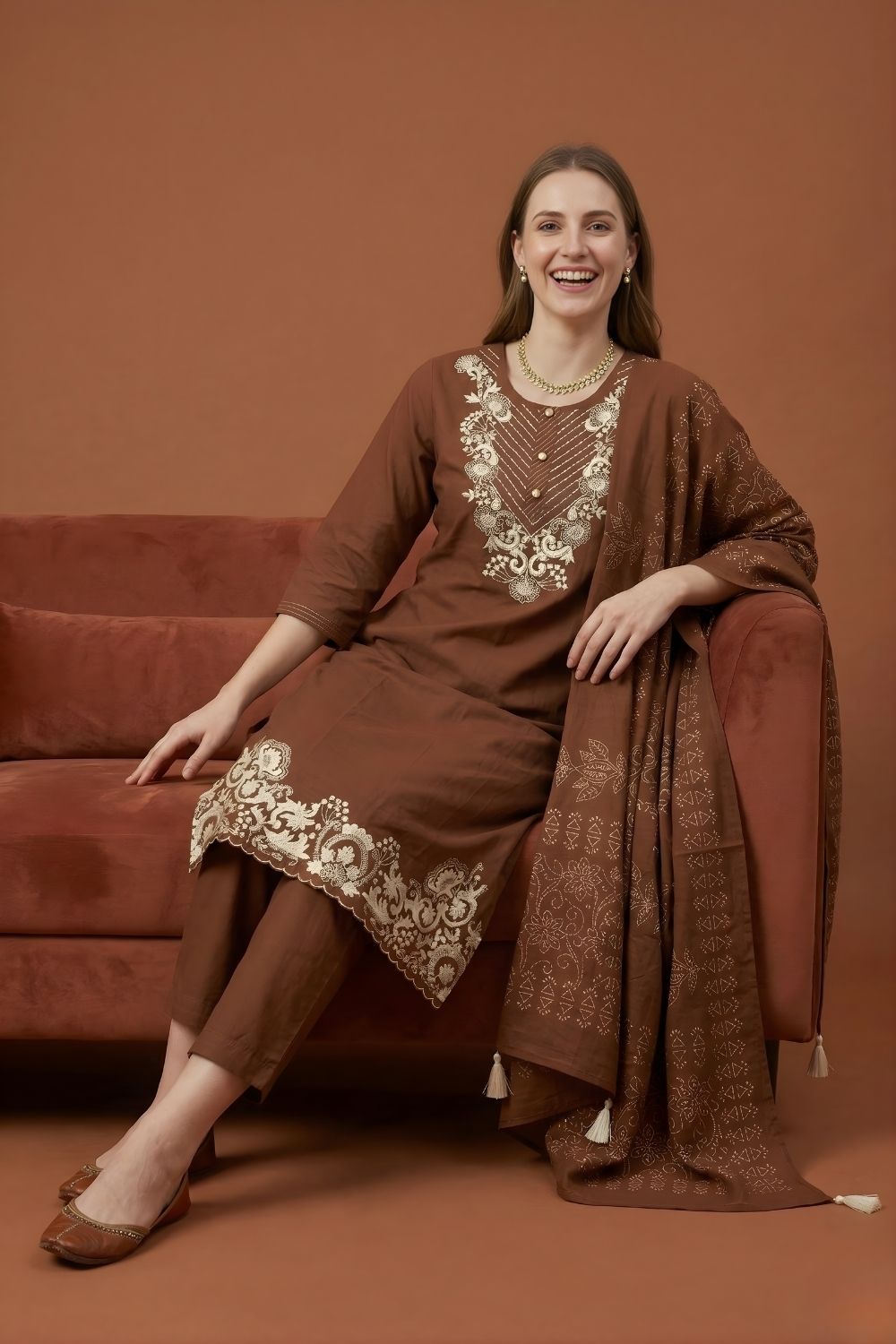 women wear wholesale manufacturer India embroidered brown kurti dupatta