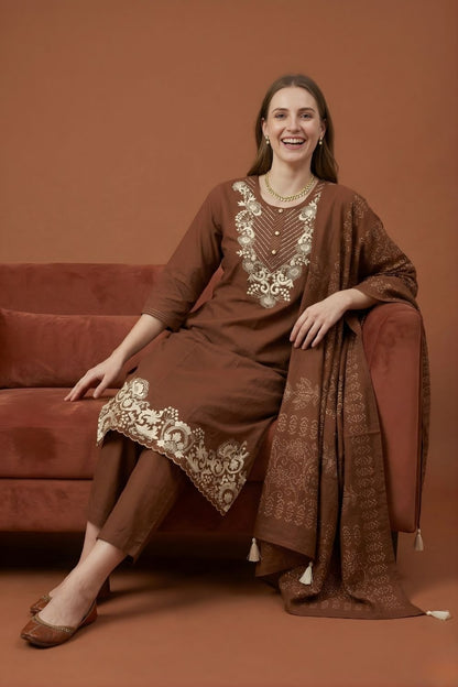 women wear wholesale manufacturer India embroidered brown kurti dupatta