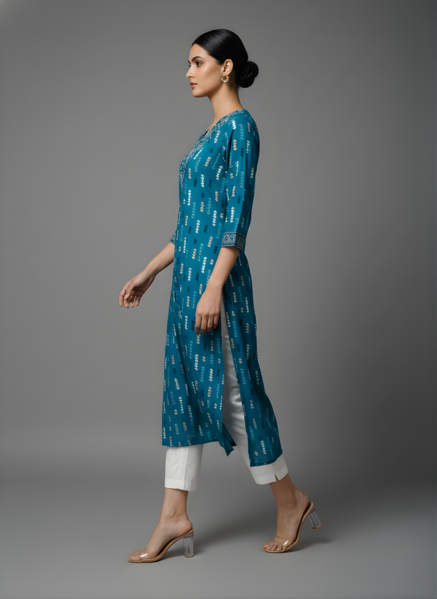 Neelufer Creation teal blue pure cotton kurti front view