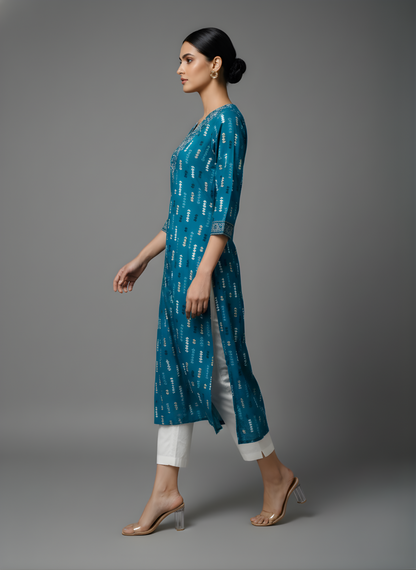 Neelufer Creation teal blue pure cotton kurti front view