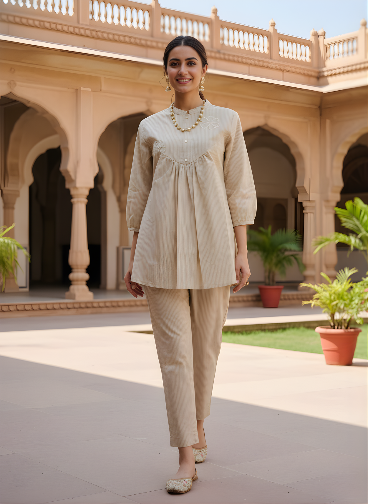 Neelufer Creation beige pure cotton co-ord set front view